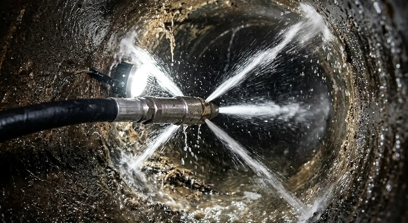 High-pressure hydro jetting nozzle cleaning sewer pipe for Sewer Cleanout in Pacifica