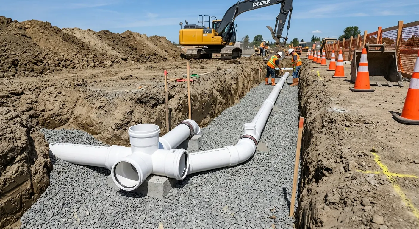 New PVC sewer pipe installation in open trench for Sewer Backup in Pacifica