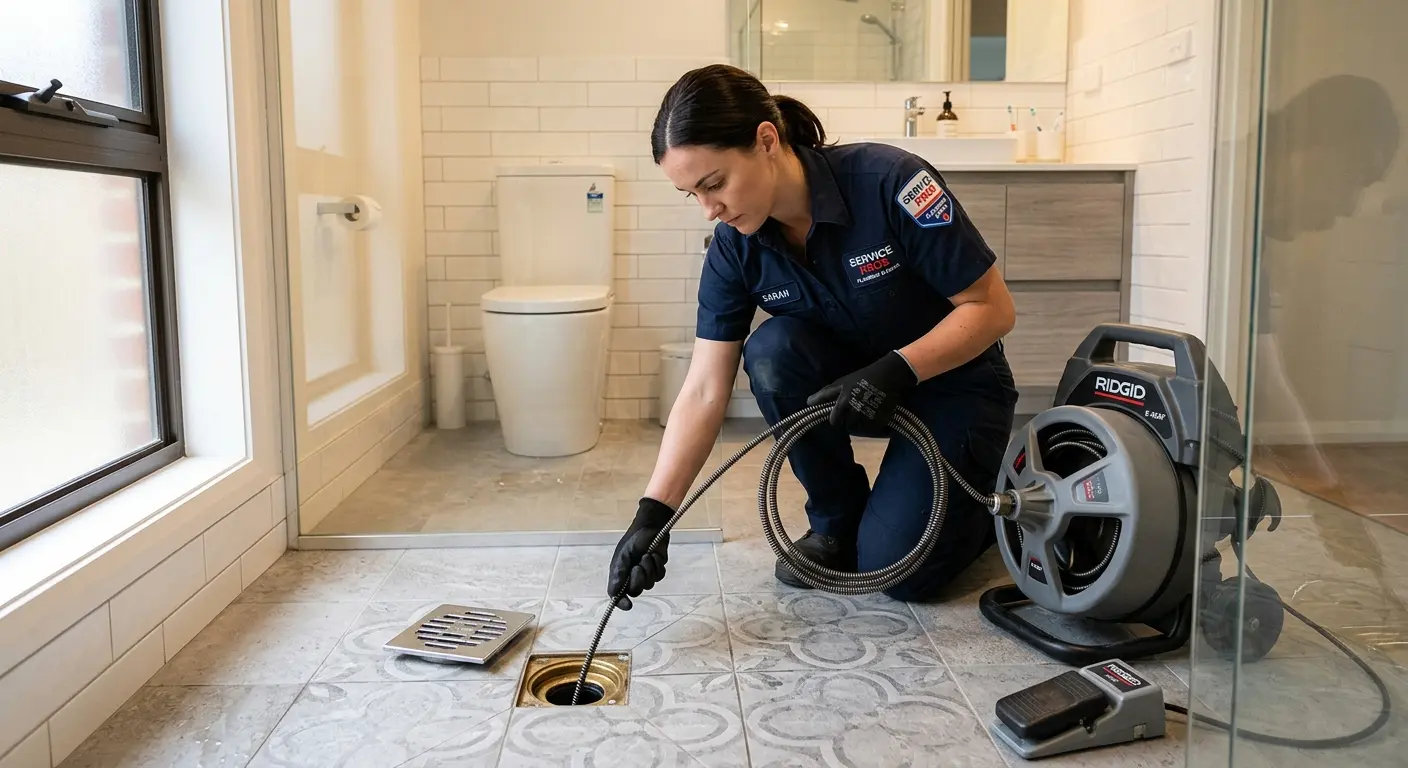Technician clearing a bathroom floor drain for Sewer Line Replacement in Pacifica